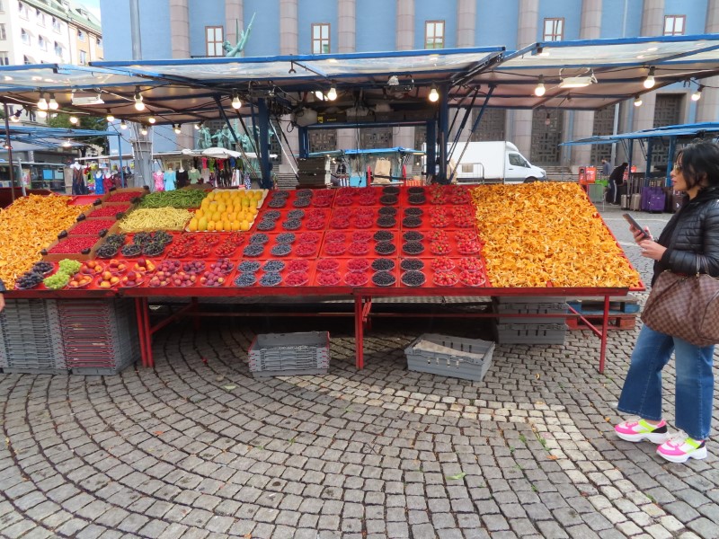 Fruit stand at Hötorget Marché (Marché =Market) square in front of Concert Hall in Stockholm, Sweden.