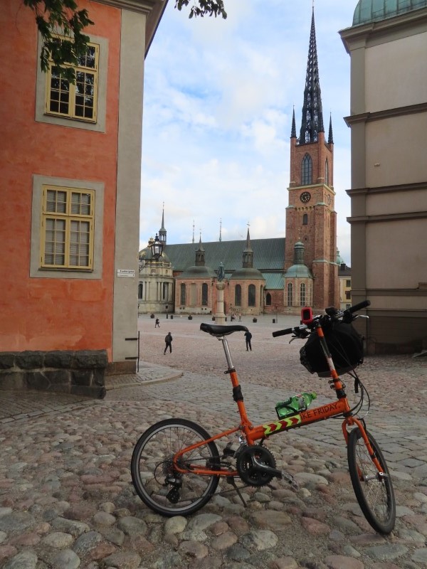 Ted’s bike with Riddarholmen Church seen behind it in Stockholm, Sweden.