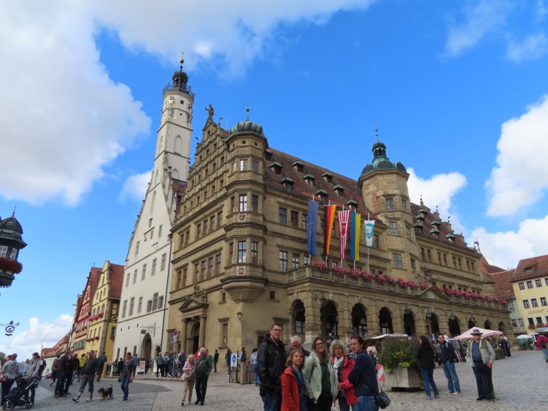 People in front of town hall in Rothenburg ob der Tauber, Germany.