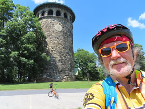 Ted and his bike in front of Rockford tower in Wilmington, Delaware.