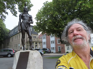 Statue of Indian with Ted in Plymouth, Massachusetts.