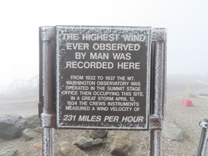 Sign indicating highest wind ever recorded by man is on the top of Mt. Washington, New Hampshire.