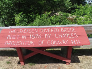Sign for Jackson covered bridge in the White Mountains of New Hampshire.