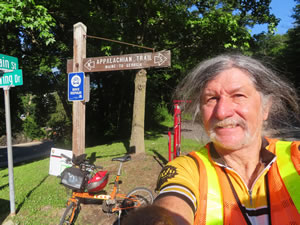 Ted and his bike at Application trail sign in Delaware Water Gap, Pennsylvania.