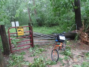 Ted’s bike with tree damage fence on the Chessie bike trail in Lexington, Virginia.