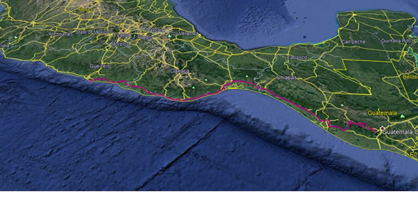 North America Journey trip leg – Acapulco, Mexico to Antigua, Guatemala - Google earth screenshot.