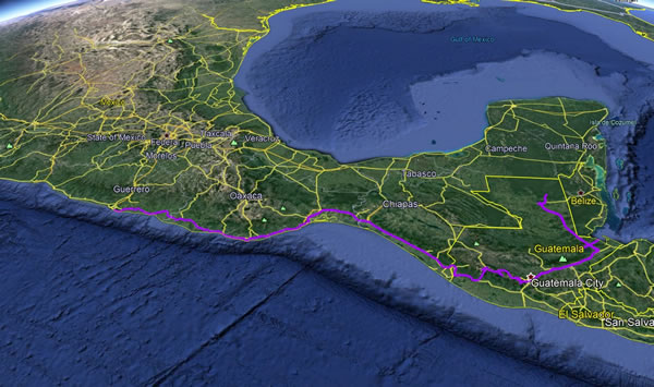 Entire trip – Acapulco, Mexico to Guatemala City, Guatemala - Google earth screenshot. 