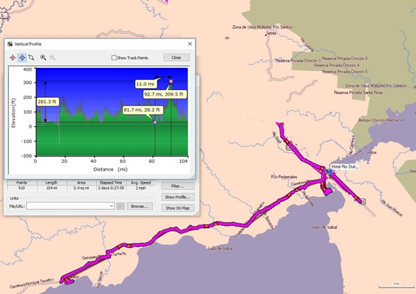 Day 20, Friday, December 1, 2017 - Bike Rio Dulce, Guatemala and El Estor, Guatemala - Garmin Mapsource screenshot with distances.