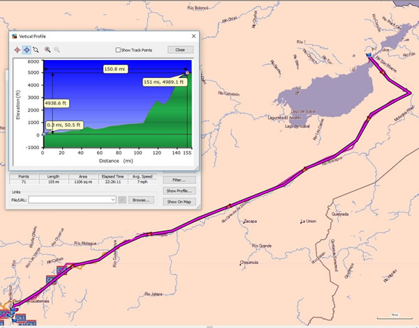 Day 21, Saturday, December 2, 2017 - Rio Dulce, Guatemala to Guatemala City, Guatemala - Garmin Mapsource screenshot with distances.
