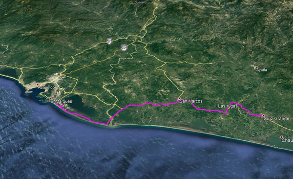Day 1, Sunday, November 12, 2017 - Acapulco, Mexico to Cruz Grande, Mexico - Google earth screenshot.