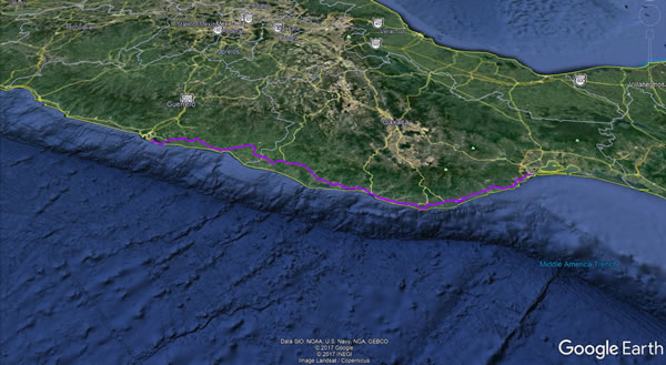 Cycle only part of trip – Acapulco, Mexico to Salina Cruz, Mexico - Google earth screenshot.