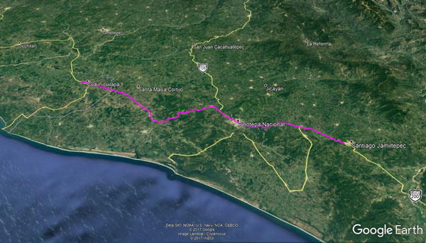 Day 3, Tuesday, November 14, 2017 - Cuajinicuilapa, Mexico to Santiogo Jamiltepec, Mexico - Google earth screenshot.