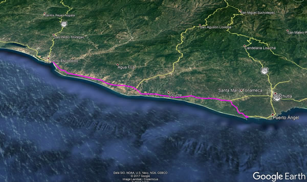 Day 5, Thursday, November 16, 2017 - Puerto Escondida, Mexico to Mazunte, Mexico - Google earth screenshot.