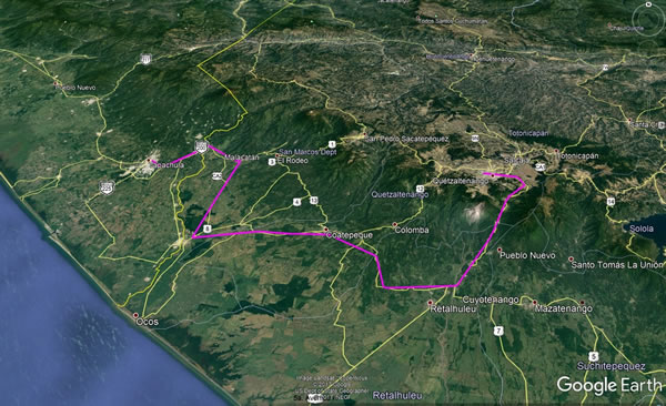 Day 10, Tuesday, November 21, 2017 – Near Tapachula, Mexico to Quetzaltenango, Guatemala - Google earth screenshot.