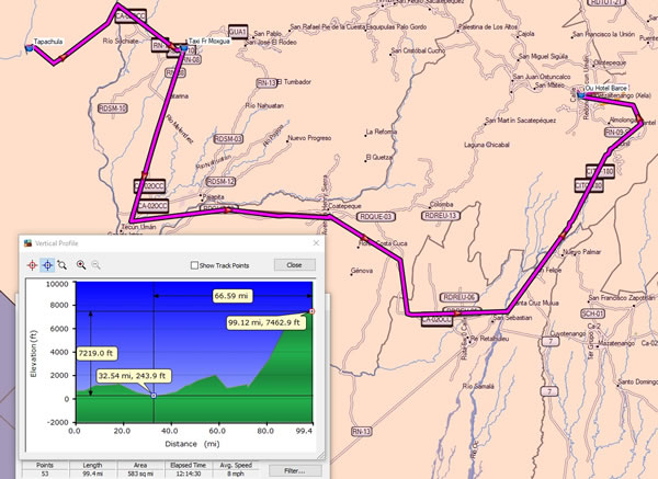 Day 10, Tuesday, November 21, 2017 – Near Tapachula, Mexico to Quetzaltenango, Guatemala - Garmin Mapsource screenshot with distances.