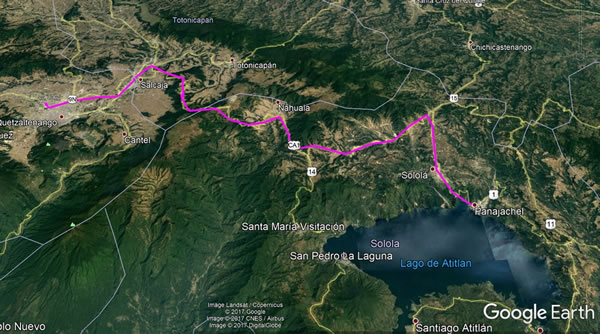 Day 11, Wednesday, November 22, 2017 - Quetzaltenango, Guatemala to Panajachel, Guatemala - Google earth screenshot.