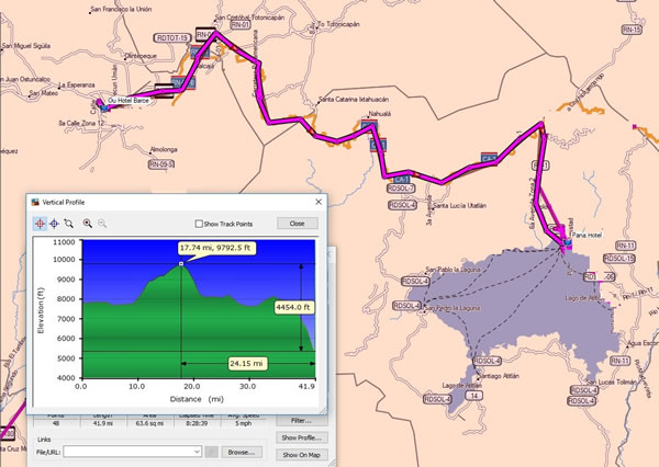 Day 11, Wednesday, November 22, 2017 - Quetzaltenango, Guatemala to Panajachel, Guatemala - Garmin Mapsource screenshot with distances.