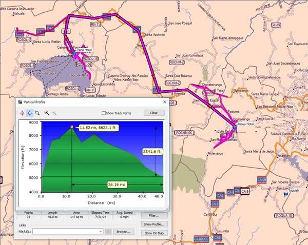 Day 13, Friday, November 24, 2017 - Panajachel, Guatemala to Antigua, Guatemala - Garmin Mapsource screenshot with distances.