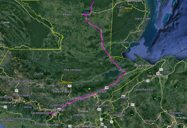 Day 15, Sunday, November 26, 2017 - Antigua, Guatemala to Guatemala City to bus to Santa Elena, Guatemala - Google earth screenshot.
