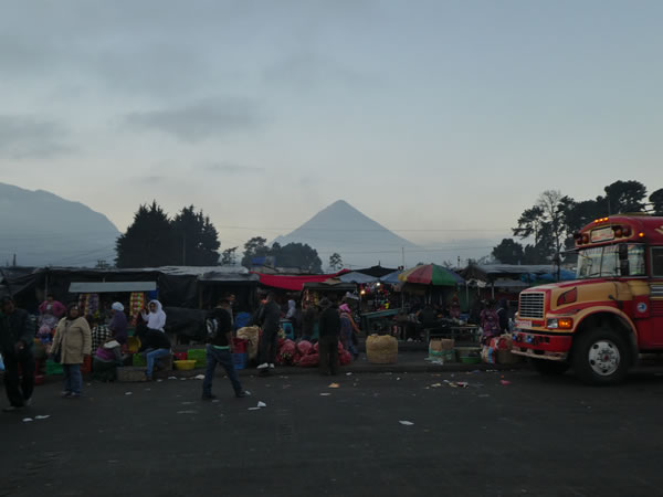 Bus station (parking lot) in Quetzaltenango, Guatemala.