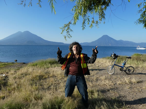 Ted with his bike at Lake Atitlan in Guatemala.
