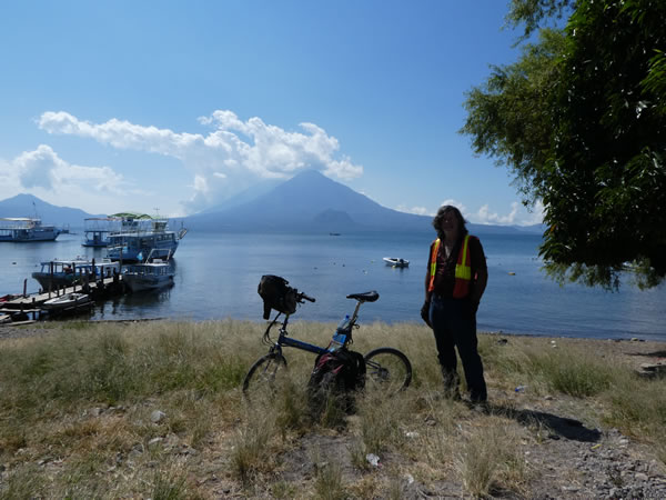 Ted with his bike at Lake Atitlan in Guatemala.
