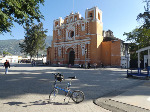 Ted’s bike in front of a church in a town near Antigua, Guatemala.