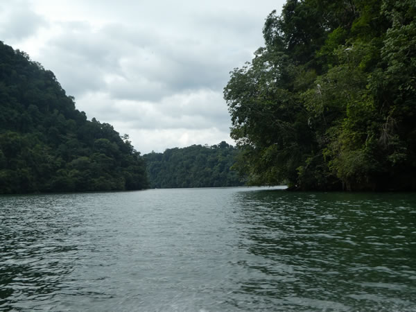 Traveling up the Rio Dulce between the town of Rio Dulce and Livingston, Guatemala.