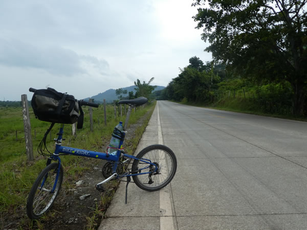 Ted’s bike on the highway between El Estor, Guatemala and Rio Dulce, Guatemala.