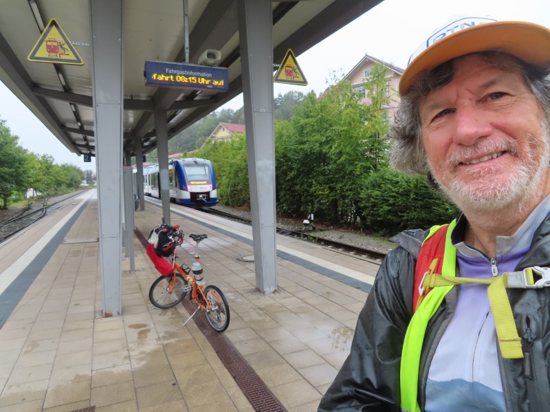 Ted with his bike waiting at the Fssen train station to get on the train to Nuremberg, Germany.
