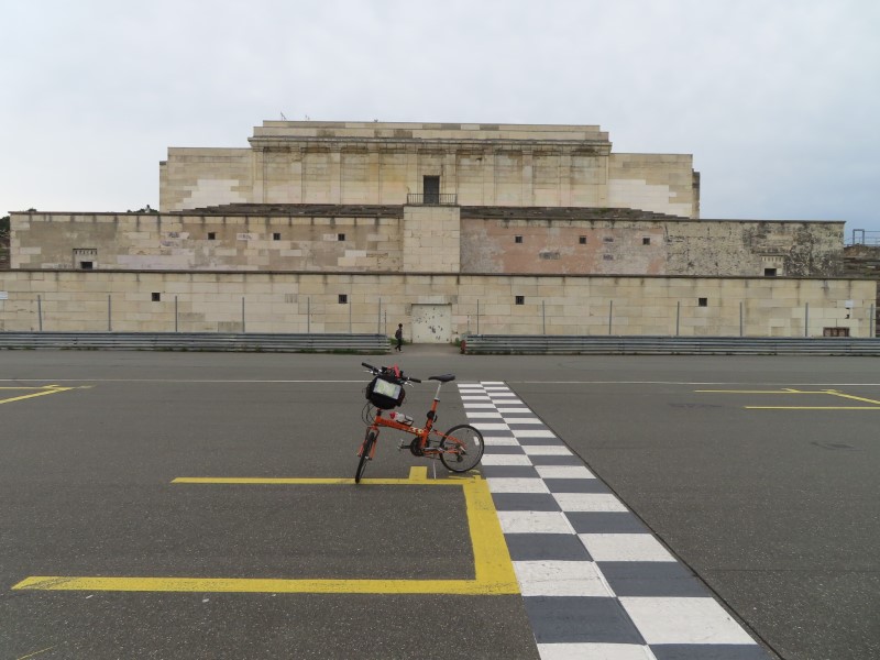 Ted's bike in front of Zeppelin field at Nazi Party Rally grounds in Nuremberg, Germany.