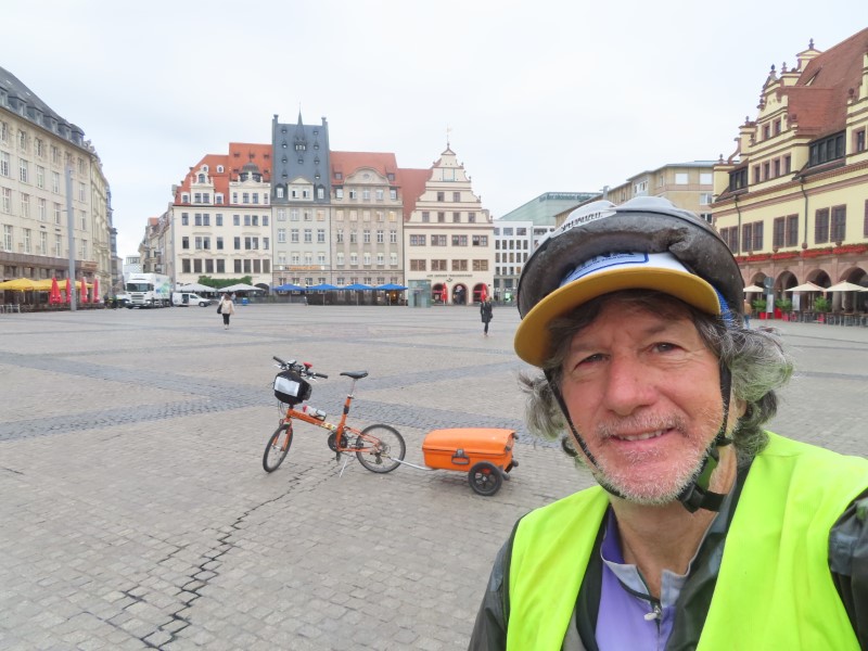 Ted with his bike at the main square in Leipzig, Germany.